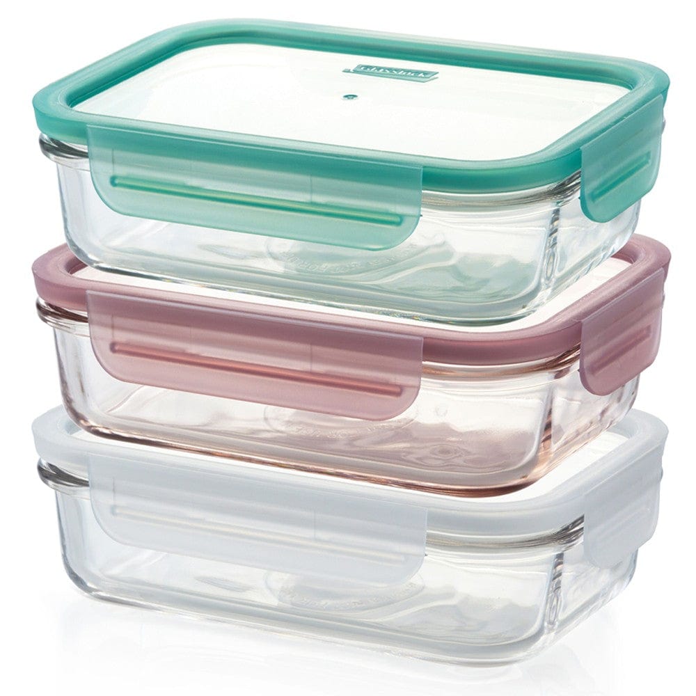 Glasslock Glass Food Container 400ml Rectangle Triple Colour Lid - Set of 3 | Freezer Safe