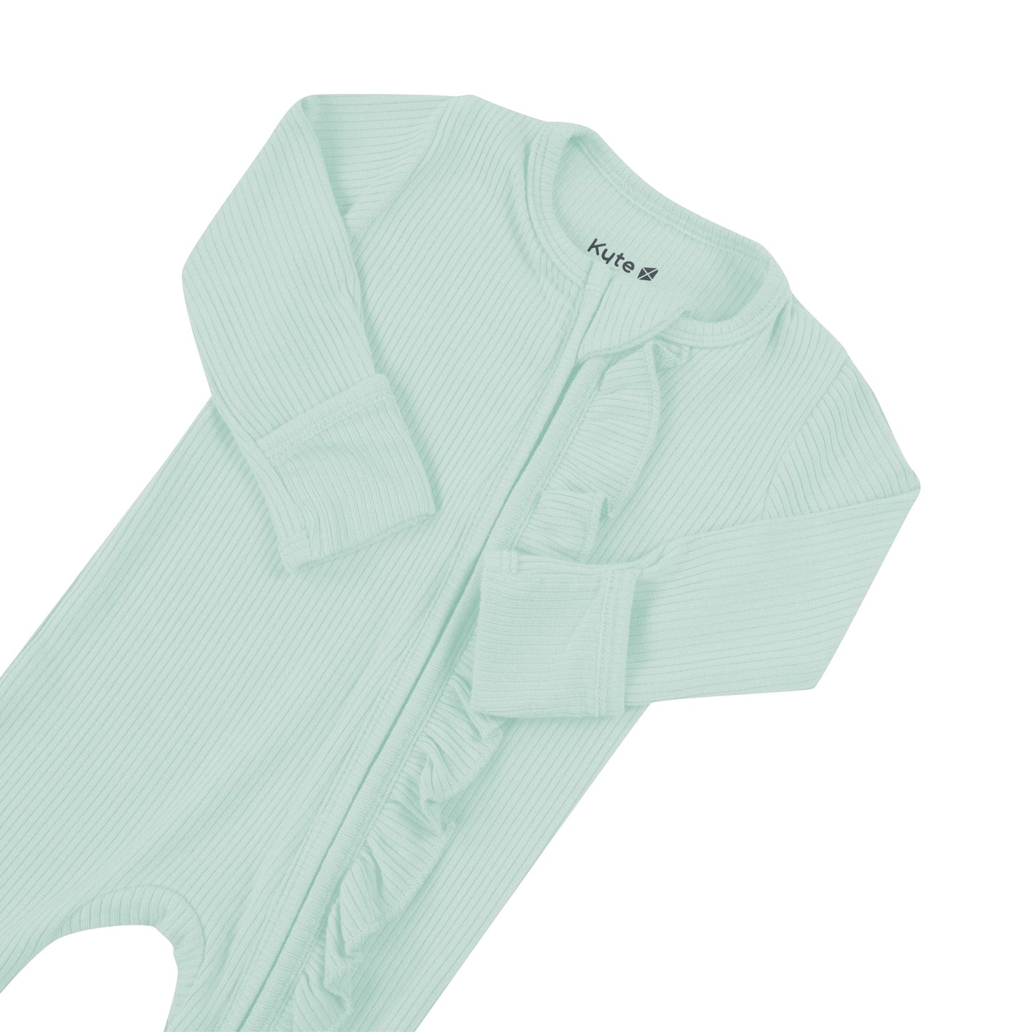 Ribbed Ruffle Zipper Footie in Sage