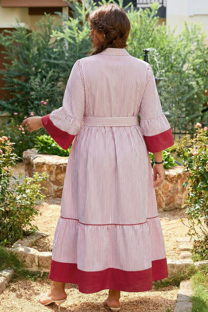 Red Stripe Plus Size Ruffled Hem Pinstriped Midi Dress