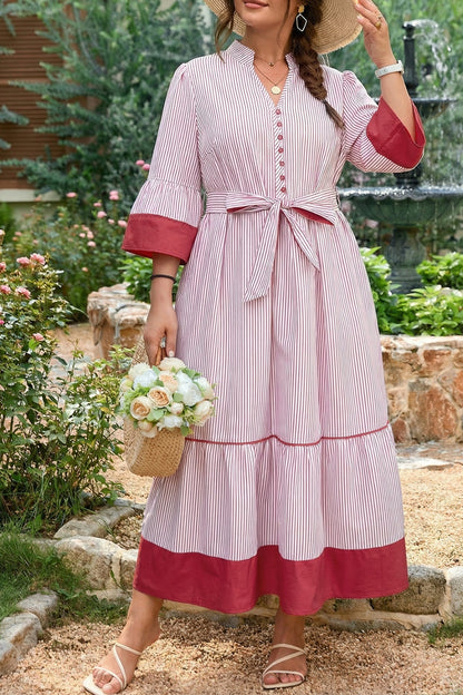 Red Stripe Plus Size Ruffled Hem Pinstriped Midi Dress
