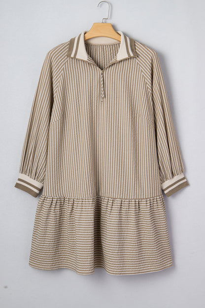 Khaki Stripe Zip up Collared Puff Sleeve Ruffled Plus Size Mini Dress