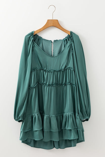Apricot Tiered Ruffled Puff Sleeve Loose Fit Mini Dress