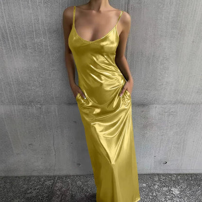 Textured Mirror-Finish U-Neck Slip Maxi Dress with Pockets