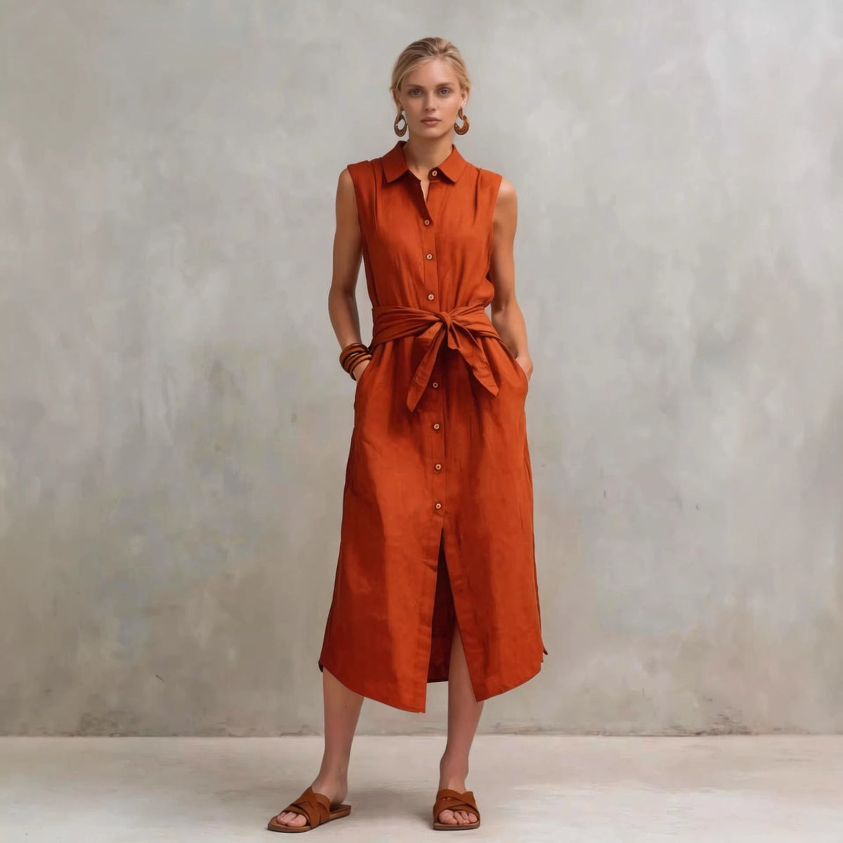 Women's Cotton-Linen Bag-Style Sleeveless Dress – Straight Cut