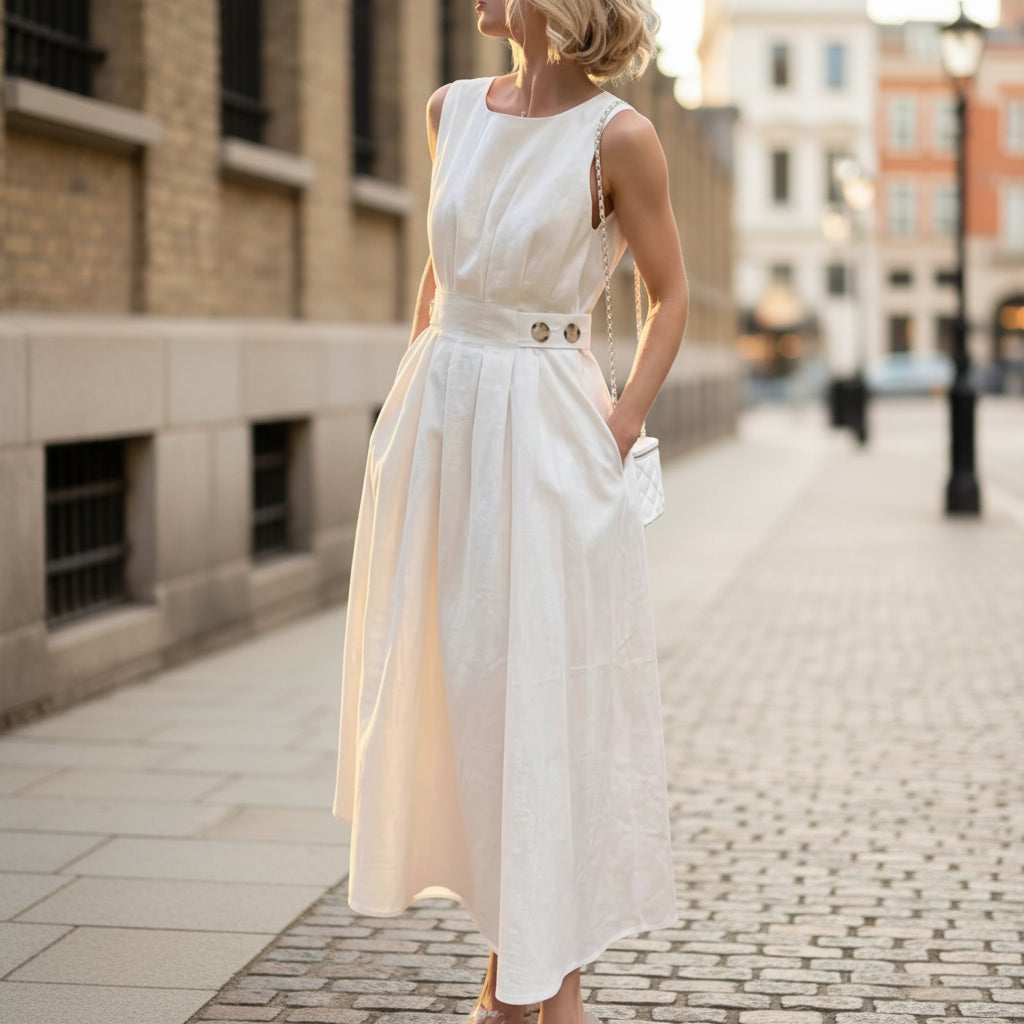 Women's French Minimalist Sleeveless Crew-Neck Midi Dress – White S–XXL