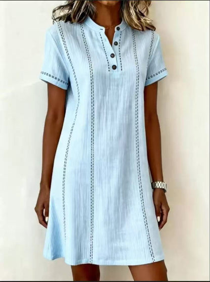 Women's Printed Button-Up Stand Collar Midi Dress – 3/4 Sleeve Loose Fit