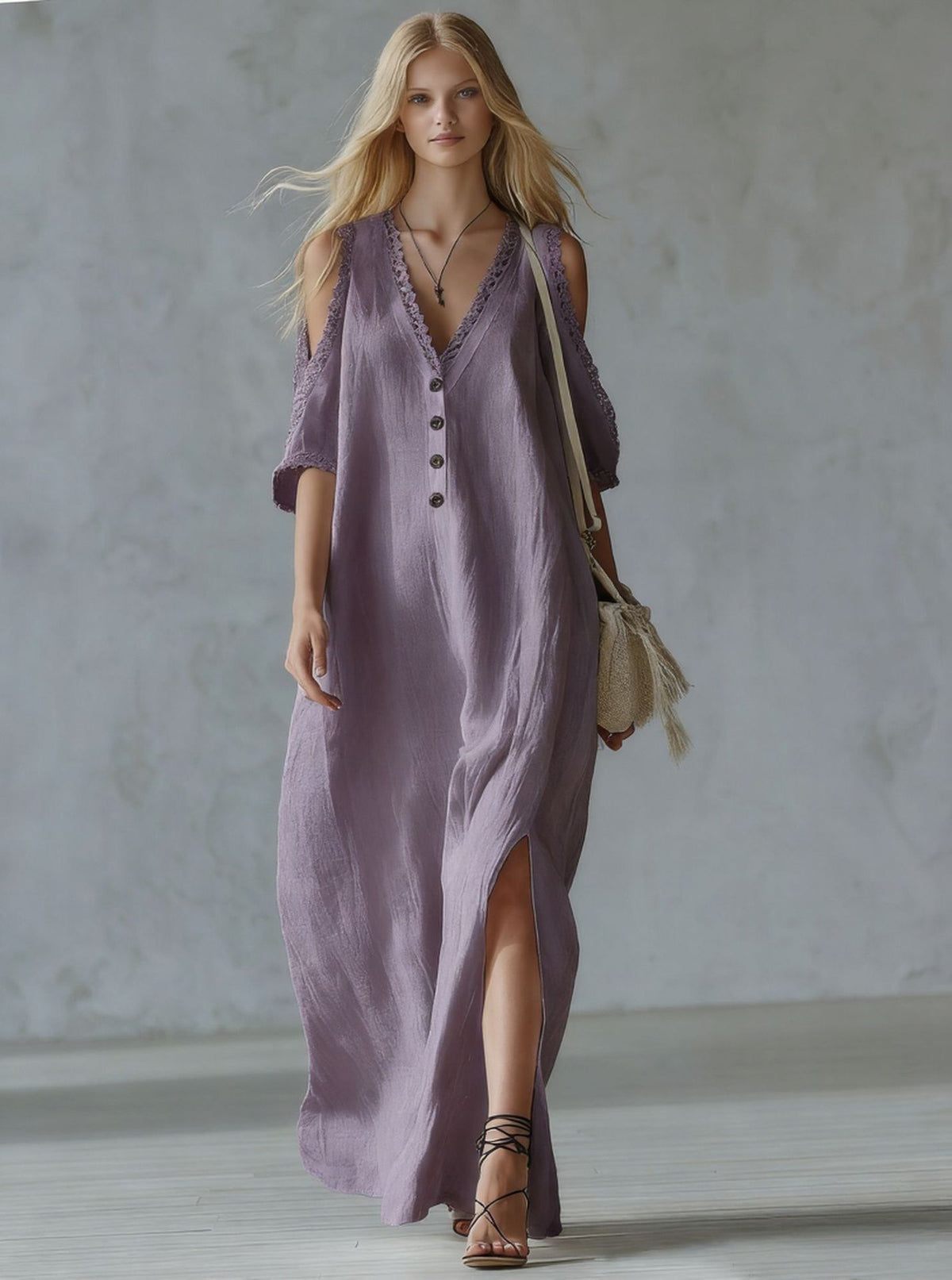 Women's Lace-Trim Loose A-Line Dress – Three-Quarter Sleeve Maxi
