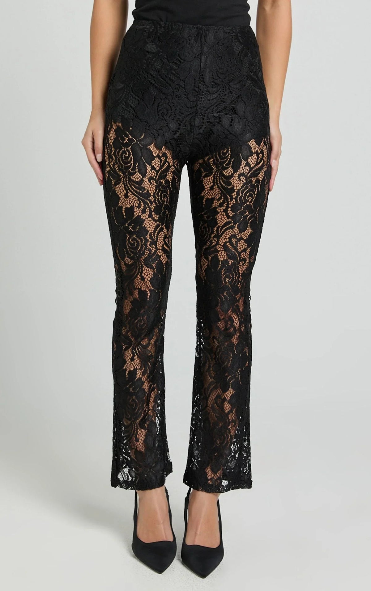 Jaclyn Pants - Mid Waist Lace Straight Leg Pants in Black