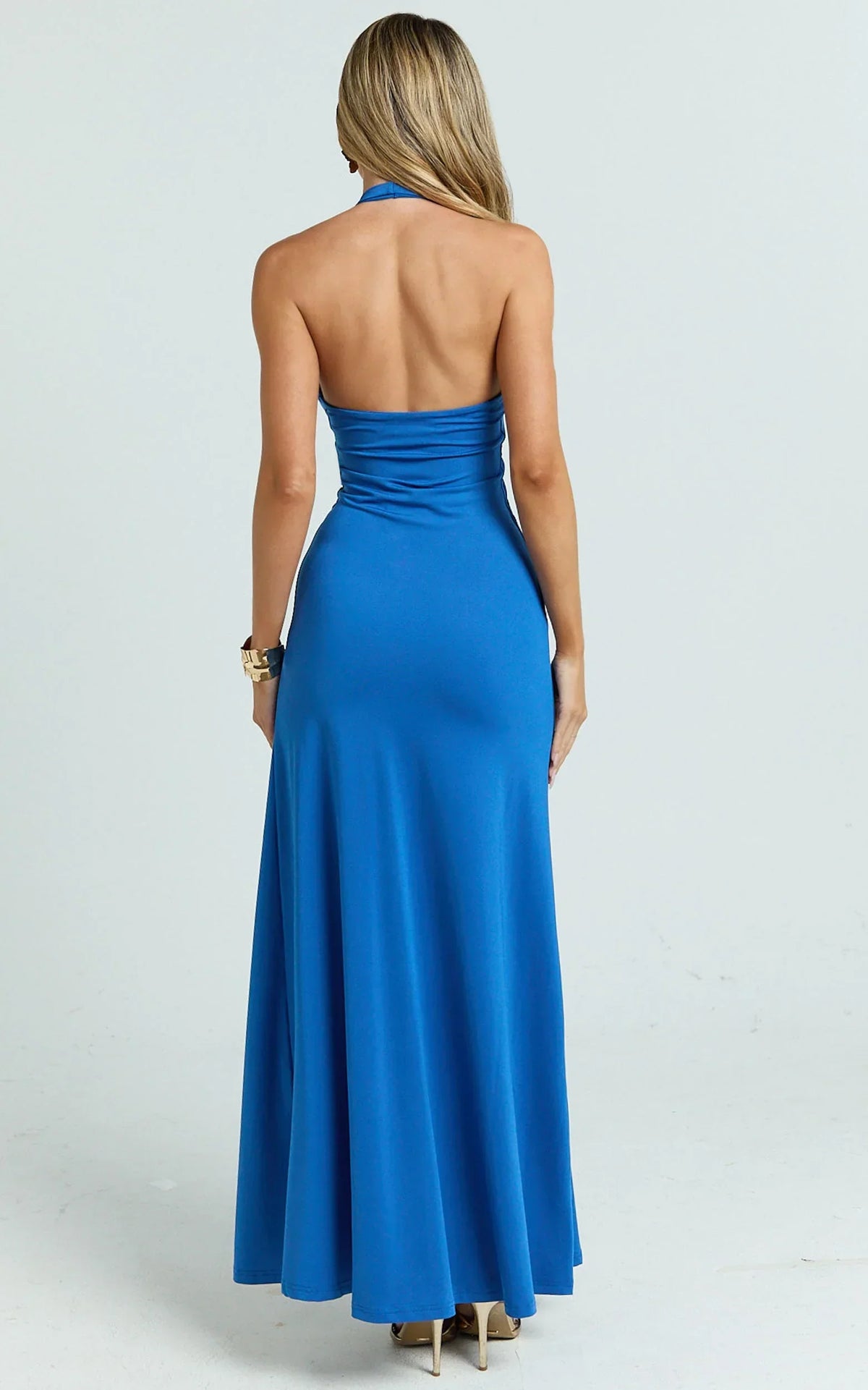 Denise Maxi Dress - Halter U Ruched Neck Cut Out Jersey Dress in Blue