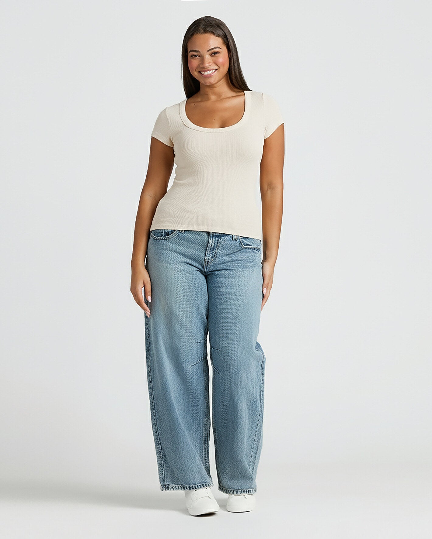 Womens Oatmeal Ribbed U-Neck Tee