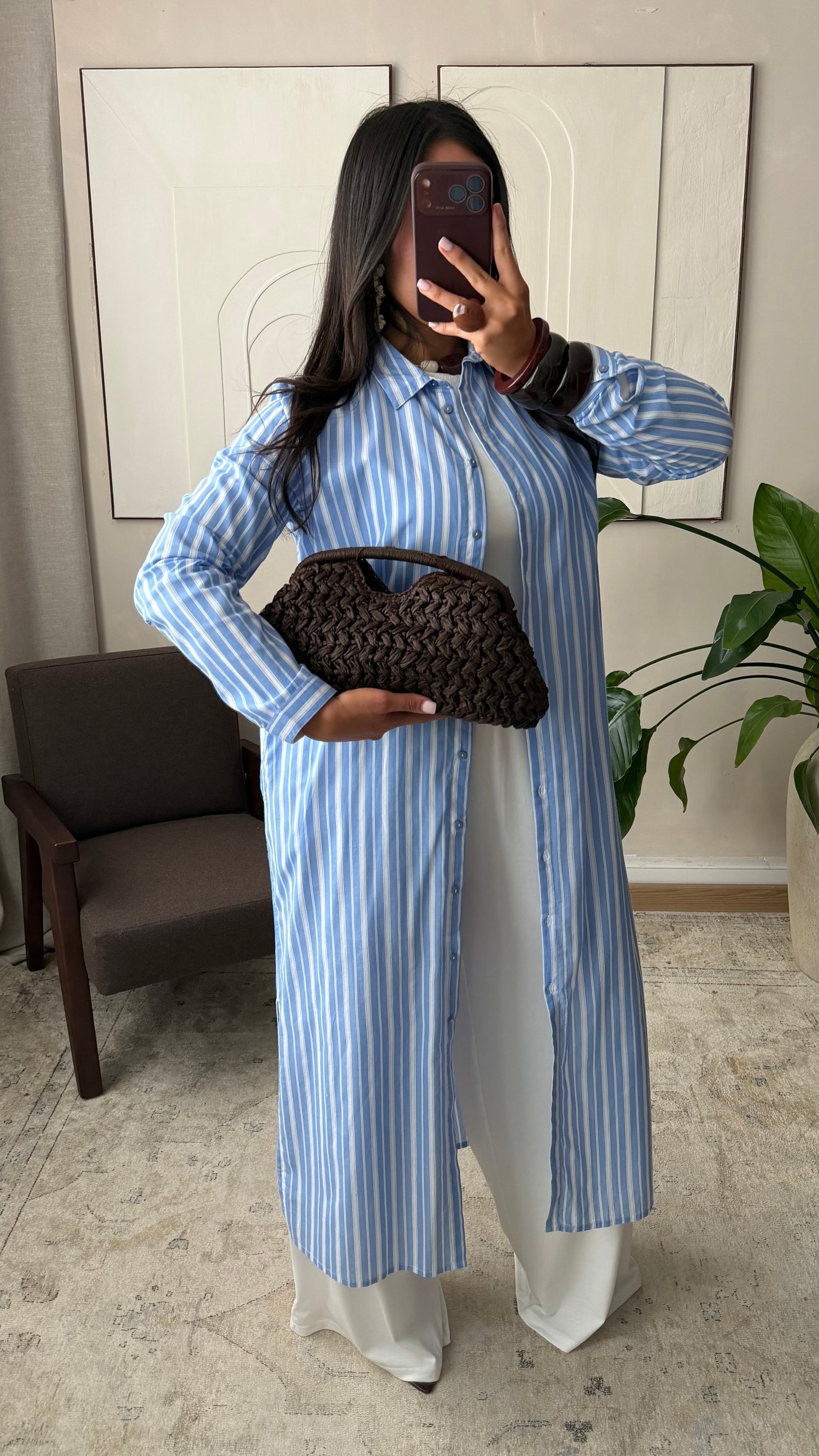 Chemise Longue A Rayures Doublee 100 Coton I Bleu Ciel