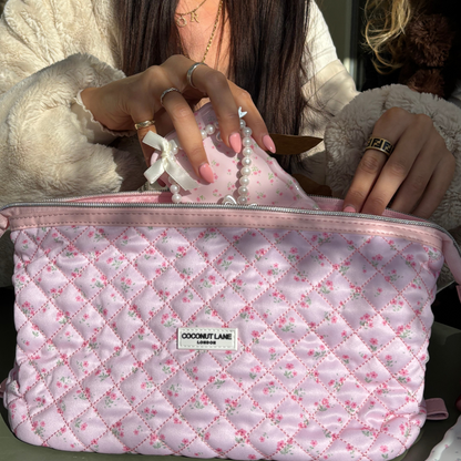 Expandable Makeup Bag - Quilted Ditsy Floral Pink