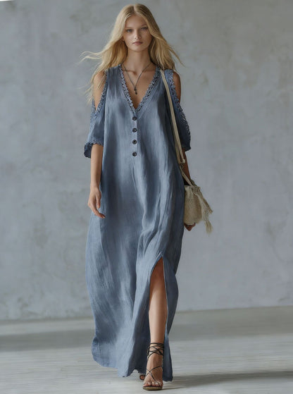 Women's Lace-Trim Loose A-Line Dress – Three-Quarter Sleeve Maxi
