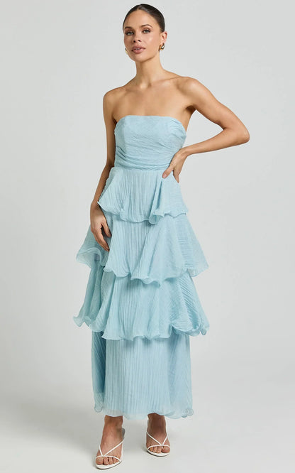 Jaiden Midi Dress - Strappless Layered Dress in Blue
