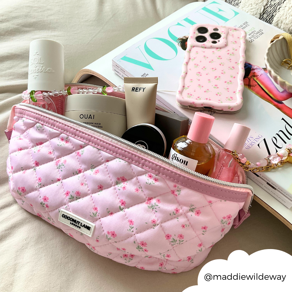 Expandable Makeup Bag - Quilted Ditsy Floral Pink