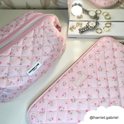 Expandable Makeup Bag - Quilted Ditsy Floral Pink