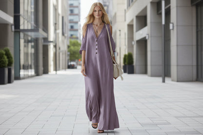 Women's Lace-Trim Loose A-Line Dress – Three-Quarter Sleeve Maxi