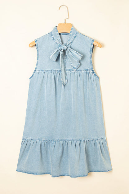 Real Teal Bowknot Neck Ruffled Sleeveless Chambray Dress