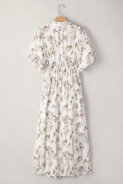 Khaki Floral Puff Sleeve V Neck Buttoned Front Maxi Dress