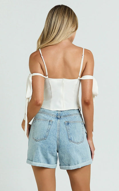 Cristiana Shorts - High Waisted Cuffed Denim in Light Blue Wash