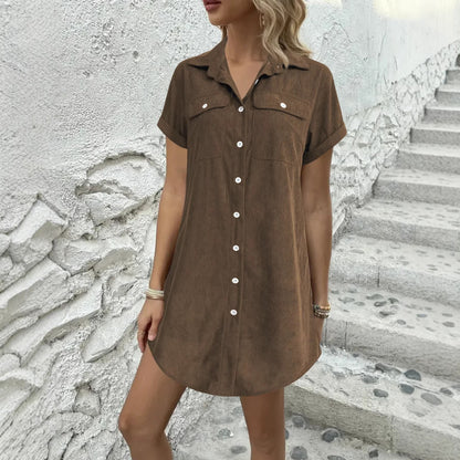 Women’s Retro Casual Corduroy Short Sleeve Shirt Dress
