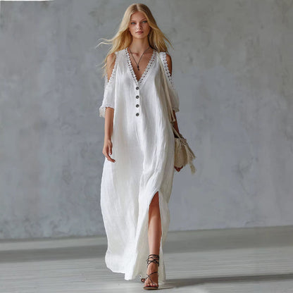 Women's Lace-Trim Loose A-Line Dress – Three-Quarter Sleeve Maxi