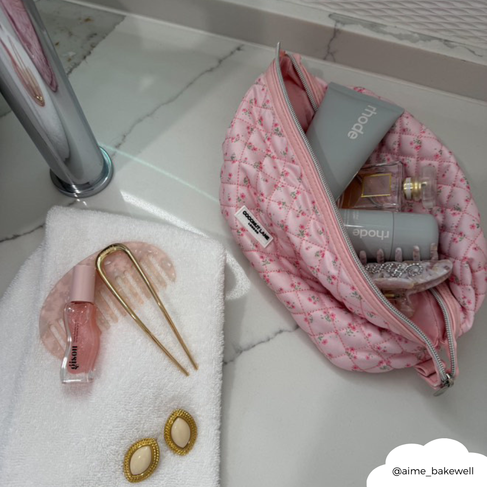 Expandable Makeup Bag - Quilted Ditsy Floral Pink