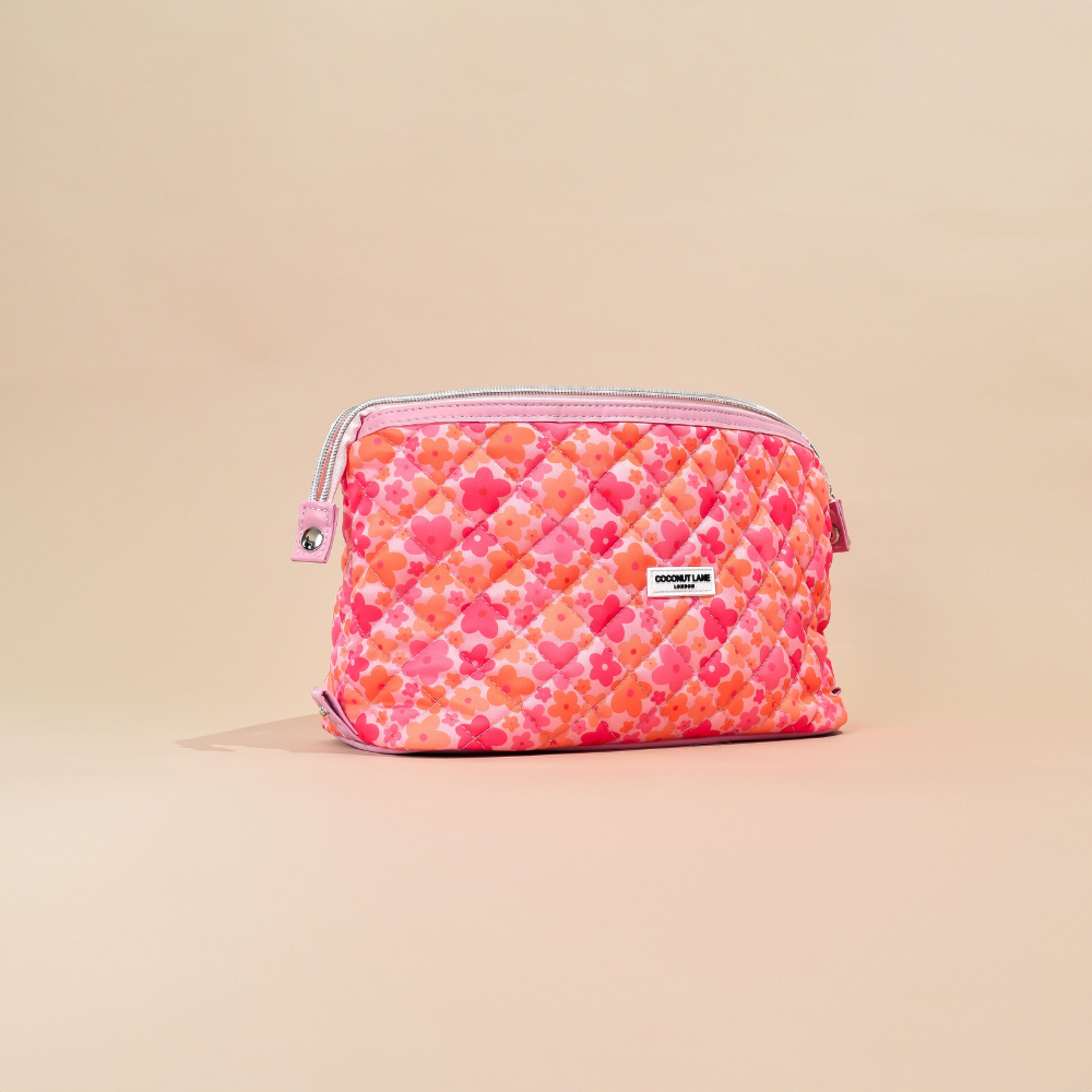 Expandable Makeup Bag - Quilted Pink & Orange Bloom