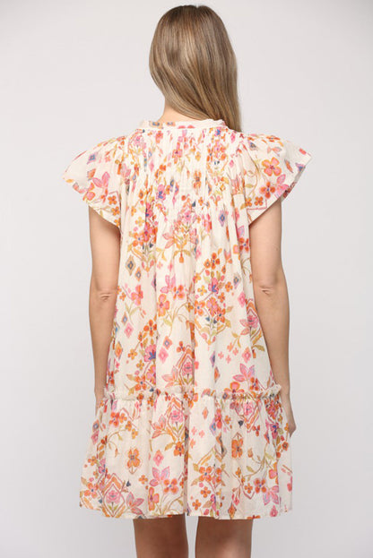 Apricot Floral Geometric Print Ruffled Trim Flutter Sleeve Mini Dress