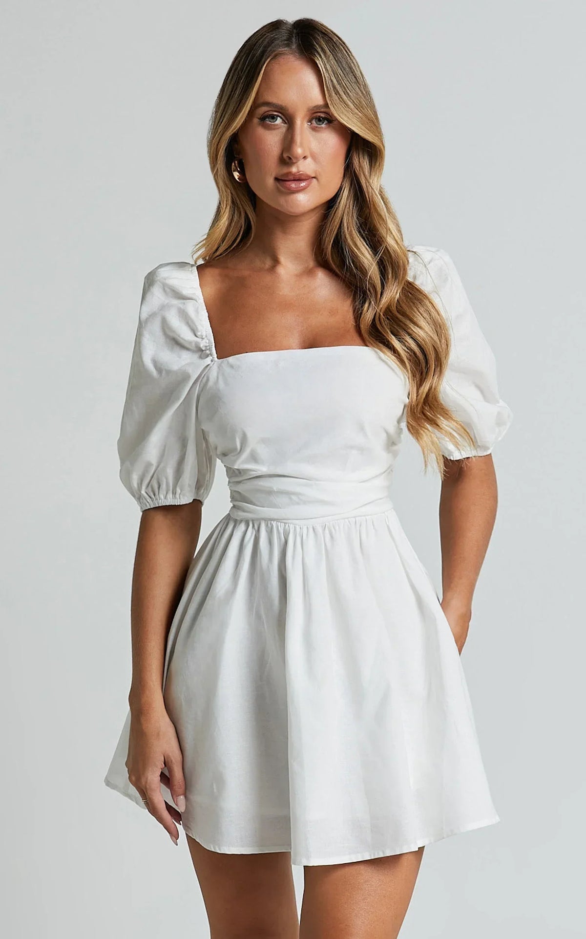 Claudina Mini Dress - Linen Look Puff Sleeve Ruched Bodice Dress in White