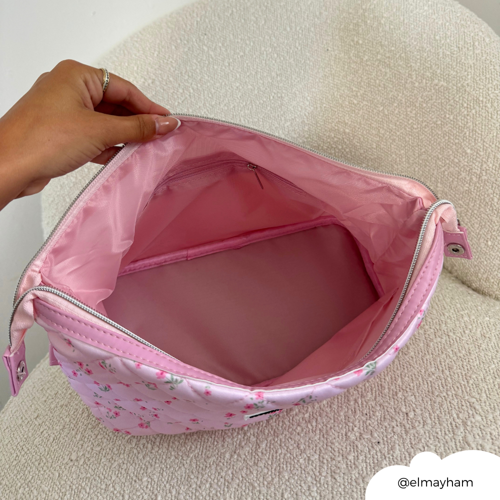 Expandable Makeup Bag - Quilted Ditsy Floral Pink