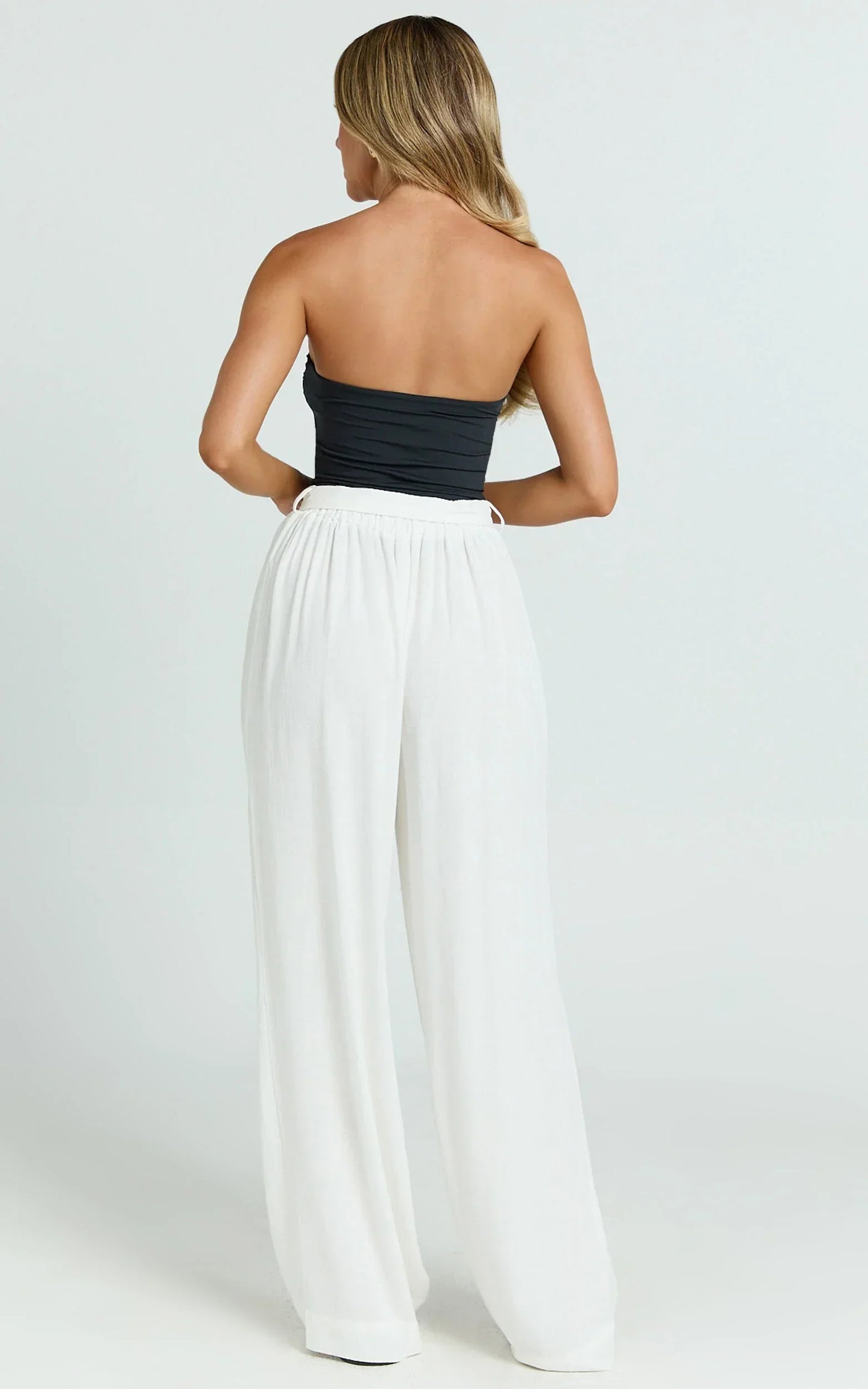 Kalli Pants - Linen Look Belted Wide Leg Relaxed Pants in White