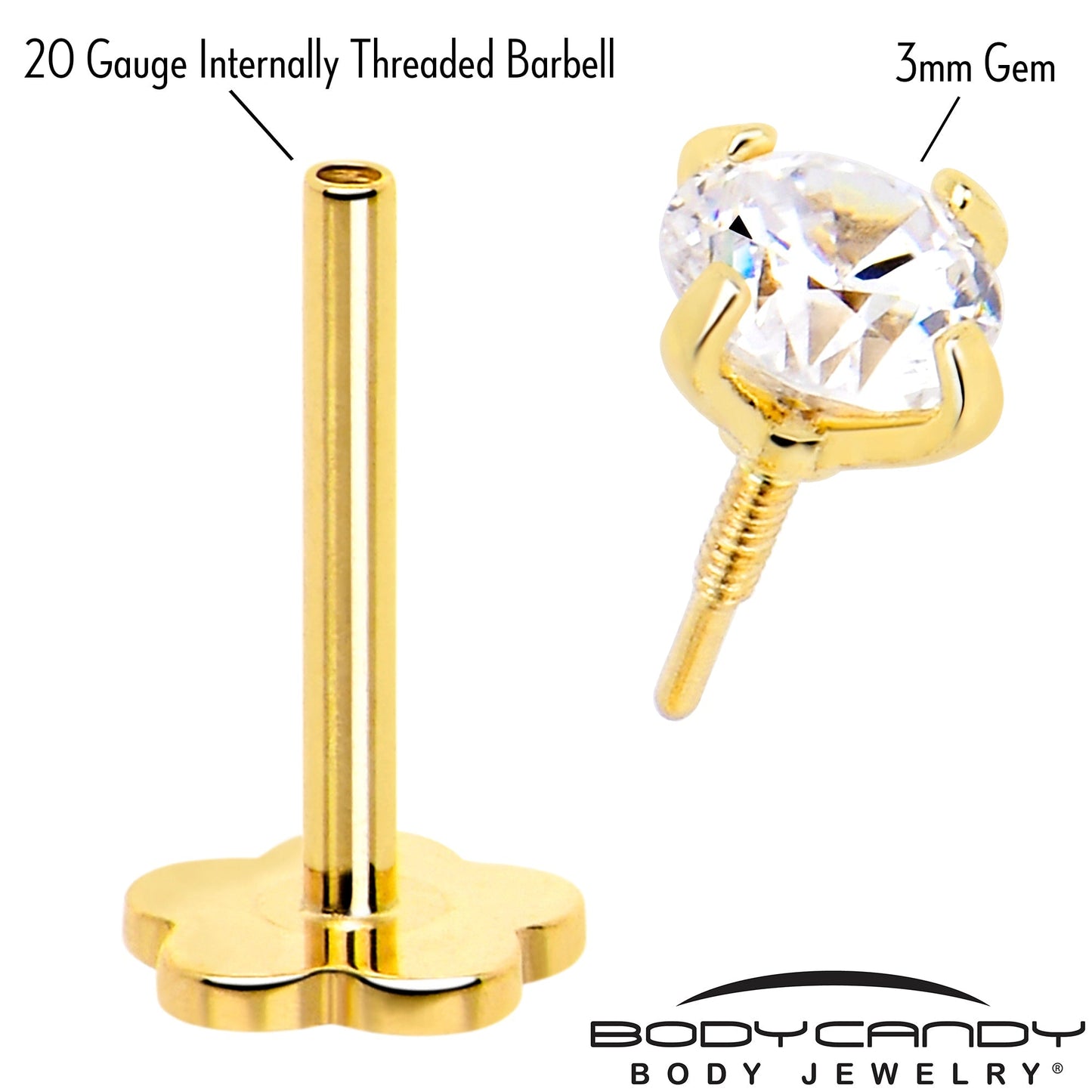 14k Yellow Gold Flat Back Earring 20G 3mm CZ Floral Reversible