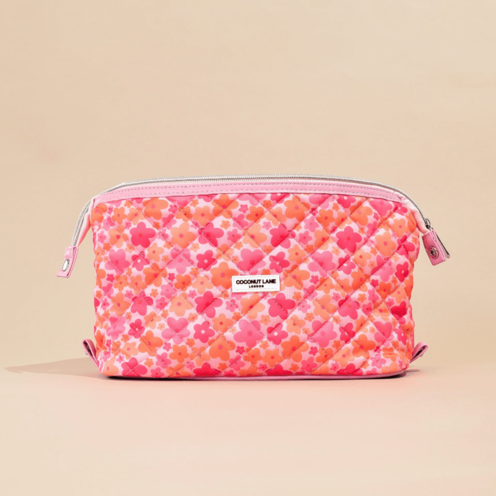 Expandable Makeup Bag - Quilted Pink & Orange Bloom