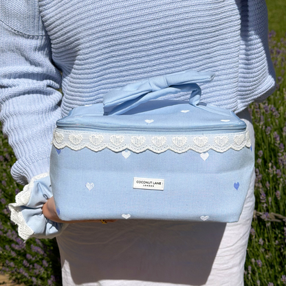 Travel Vanity Case - Powder Blue Hearts