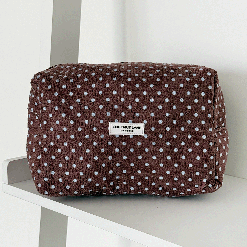 Towel Makeup Bag - Brown & Blue Polka Dot