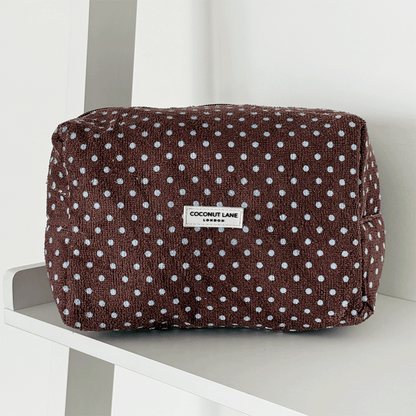 Towel Makeup Bag - Brown & Blue Polka Dot