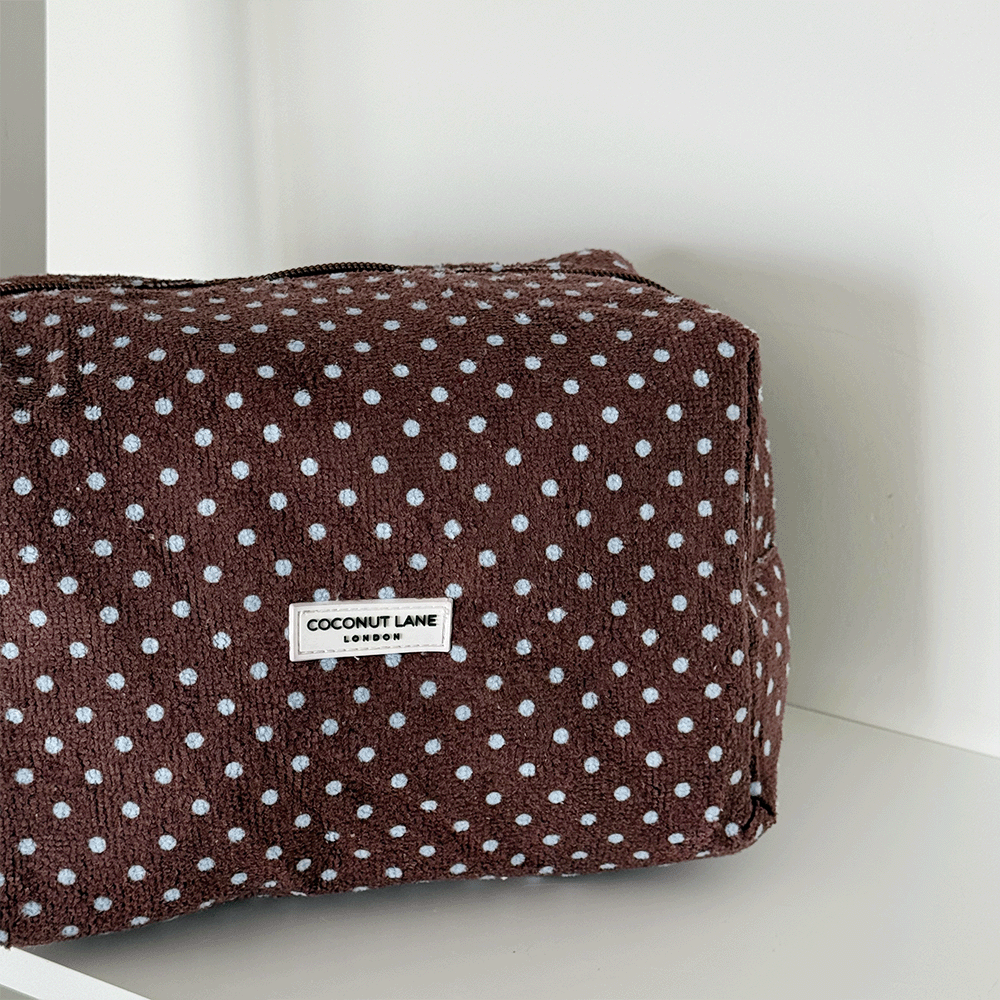 Towel Makeup Bag - Brown & Blue Polka Dot