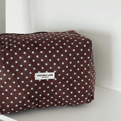 Towel Makeup Bag - Brown & Blue Polka Dot
