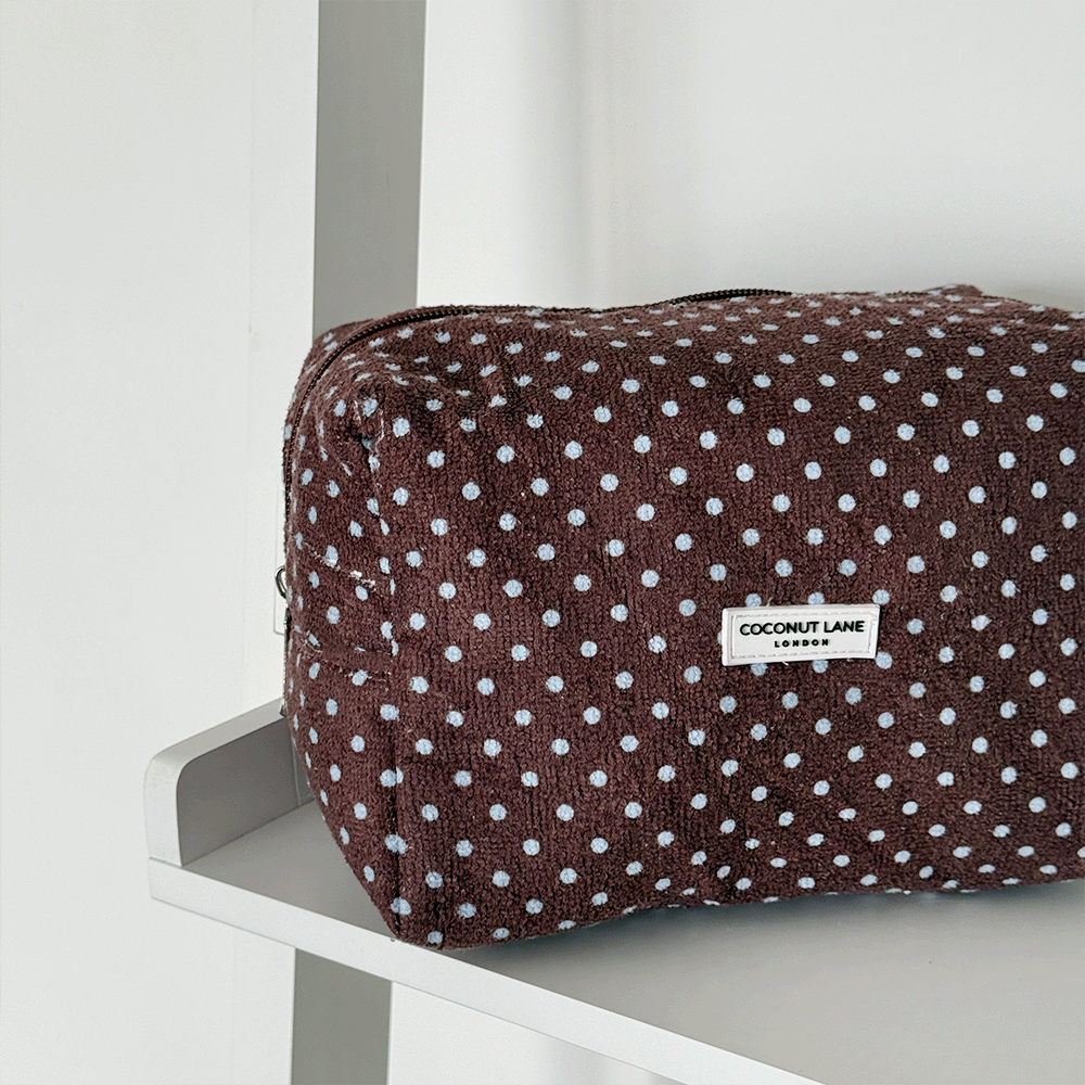 Towel Makeup Bag - Brown & Blue Polka Dot