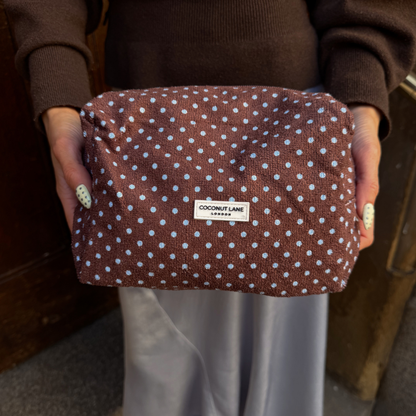 Towel Makeup Bag - Brown & Blue Polka Dot