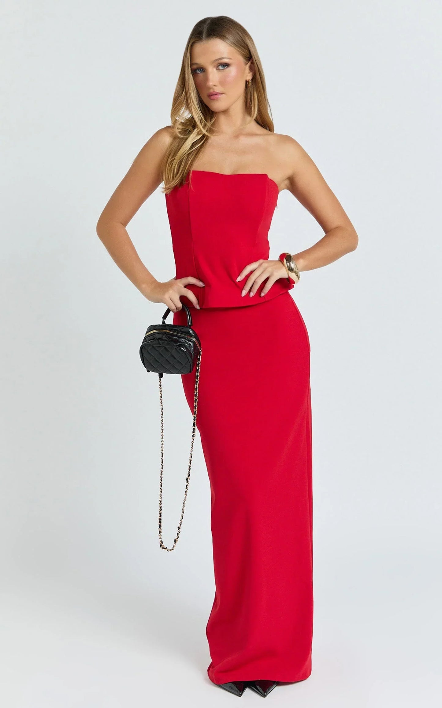 Anya Two Piece Top and Skirt Set - Strapless Fit And Flare Top And Maxi Skirt in Red