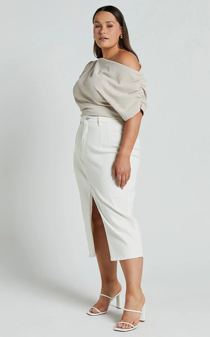 Janeve Midi Skirt - Front Split Denim Skirt in Ecru