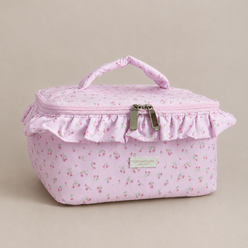 Travel Vanity Case - Ditsy Floral Pink Ruffles