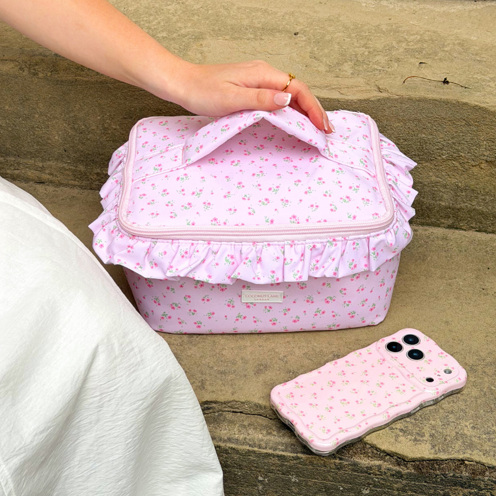 Travel Vanity Case - Ditsy Floral Pink Ruffles