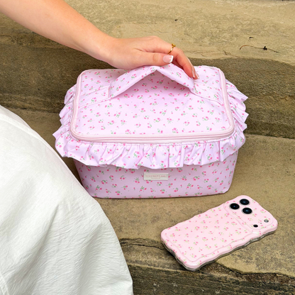 Travel Vanity Case - Ditsy Floral Pink Ruffles