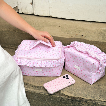 Travel Vanity Case - Ditsy Floral Pink Ruffles