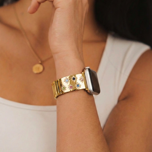 Ibiza Coloured Stone Apple Watch Strap - Gold