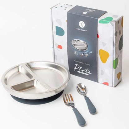 Lion & Lady 18/8 Stainless Toddler Plate with Silicone Suction Base, Spoon and Fork