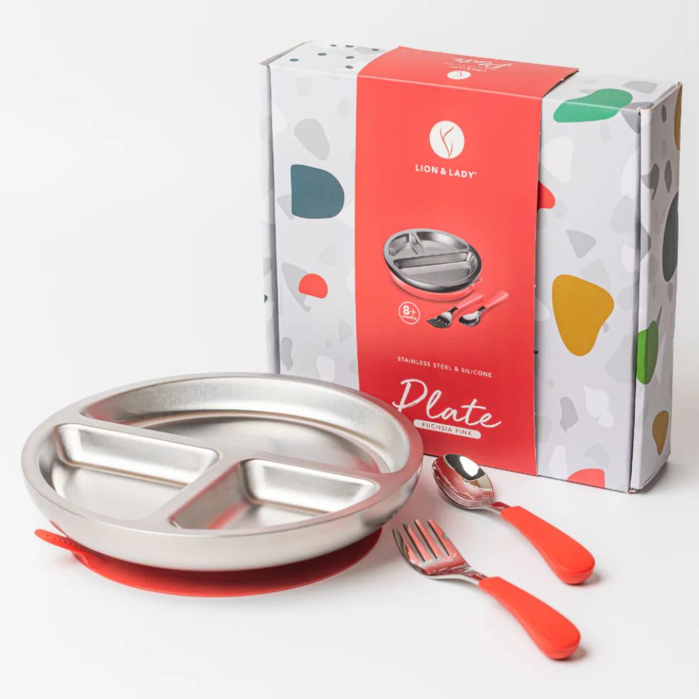 Lion & Lady 18/8 Stainless Toddler Plate with Silicone Suction Base, Spoon and Fork